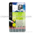 7\"12pcs Artist coloured pencil in metal box / silver paint color pencil with color dip
